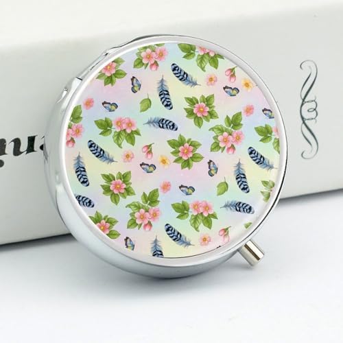 Round Daily Use Pill Box Cherry Branch Pink Blossom Feather Butterflies Floral 3 Compartment, Portable Metal Pill Case for Purse Vitamin Fish Oil