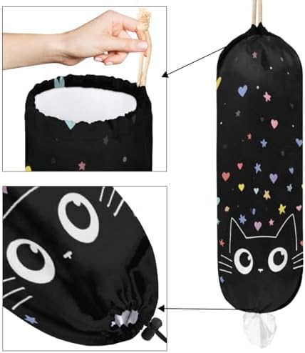 Pardick Plastic Bag Holder, Cute Black Cat Grocery Bag Holder for Shopping Bags, Wall Mount Plastic Bag Storage Organizer Dispenser, Storage Holder for Home Kitchen Camper,A-11