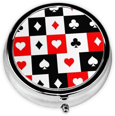 Travel Pill Organizer, Small Round Case with Mirror, Portable Pill Box for Fish Oil Vitamins, Pocket Purse Carry for Commuters, Checkered Suits Hearts Diamonds Clubs Spades Poker Playing Cards
