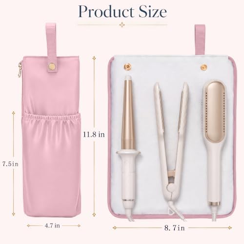 Hot Tools Travel Bag with Heat Resistant Mat, 2-in-1 Hair Tools Organizer Bag for Curling Iron, Flat Iron, Portable Holder & Mat with Cord Pocket for Home Travel(Pink)