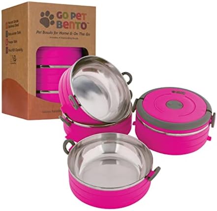 Healthy Human Travel Pet Bento Bowls - Human-Grade Stainless Steel & BPA-Free, Leak-Proof Water & Food Container Set for Dogs & Cats, 4-Pack Interlocking Bowls, Includes Spare Clips & Handle (Pink)