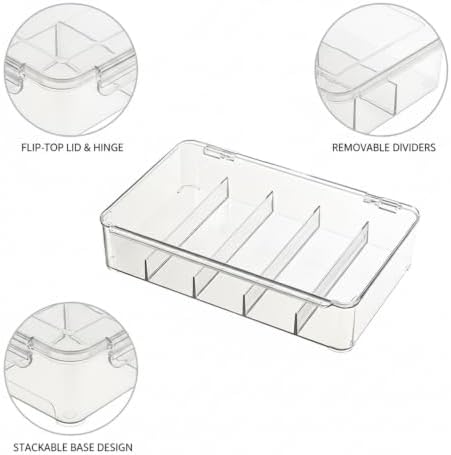 Clear Stackable Storage Box with Dividers, Flip-Top Organizer for Desk, Drawer, and Shelf - Transparent PET Plastic Bin (1 Pack)