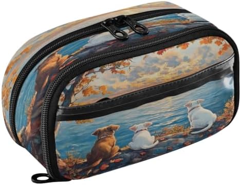 SUABO Pet Dogs Sunset Painting Pencil Case Large Pen Box Holder | Large Capacity Pencil Pouch Stationery Bag with Compartments, Transparent PVC Layer, School Office Supplies for Kids Adults