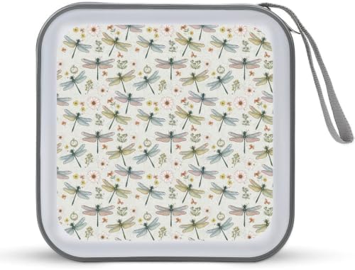 CD Case Holder for Car Floral Dragonfly 40 Capacity Zipper Disc Wallet | DVD Organizer Storage Binder, Floral Dragonfly Flowers Shockproof, Hard Plastic, Portable Hand Strap