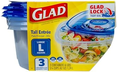 Glad GladWare Tall Entree Containers, Large Square, 42 Oz, 3 Count | Lock-tight seal for meal prep and lunches in a tall square format; microwave and dishwasher safe