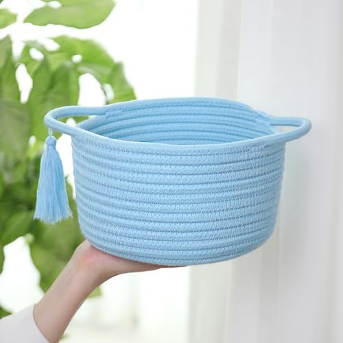 Small Gift Basket Empty to Fill, Gifts Bag & Ribbon, Light Blue | Cute Decorative Mini Woven Rope Basket with Handles for Gifting; Reusable for Bathroom Counter or Desk Catchall, 8 x 4.7 in