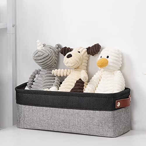 DULLEMELO Fabric Bathroom Storage Bin with Leather Handles, Narrow Organizer for Towels, Toilet Paper Rolls, Storage Basket for Back of Toilet, Vanities, Shelves & Cabinets (Black&Gray)