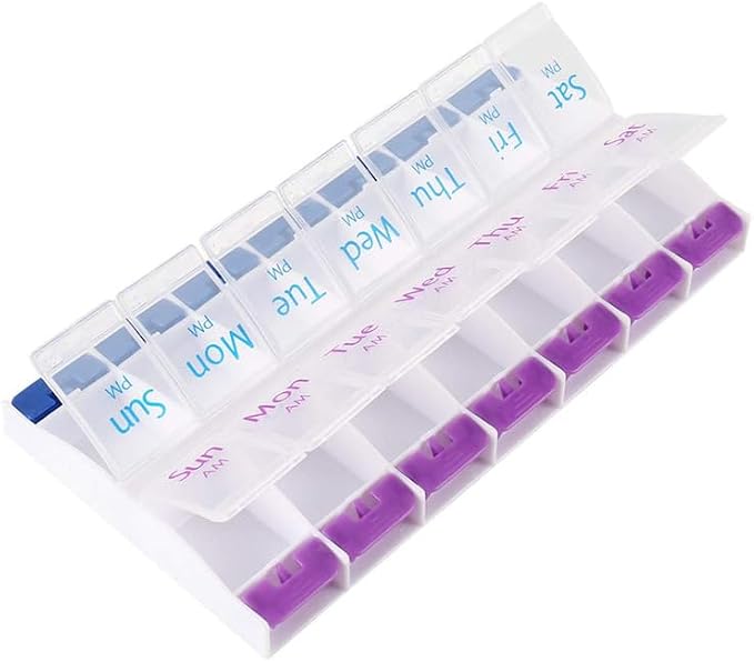 Daily Pill Case Organizer, 7-Day Weekly Medicine Planner Organizer | AM PM, Large Tray 14-Compartment Meds Box Container Pill Holder for Medication, Vitamin, Supplement, Fish Oil, Purple + Blue