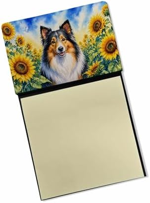 Caroline's Treasures Sheltie in Sunflowers Watercolor Sticky Note Holder Refillable Dispenser Desk Accessory 3x3 Pad Gift