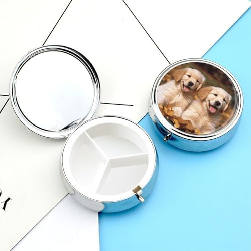 Golden Retriever Dogs Puppies Pets Pill Organizer with Mirror 3 Compartments Waterproof Pill Case for Purse Pocket Non-slip Grip Travel Medicine Organizer Container Box for Vitamin Fish Oil Supplement