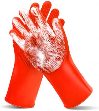 Pet Grooming Gloves—Dog Washing Gloves with High-Density Teeth, Dog Bath Scrubber with Enhanced Five Finger Design, Silicone Gloves for Dogs and Cats Bathing, Massage (Bright Red)