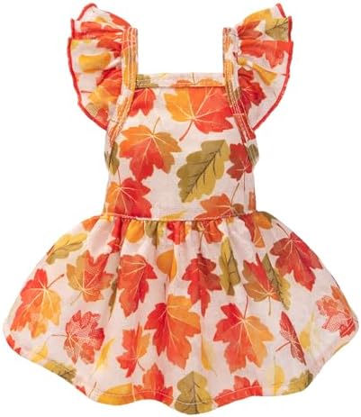 Fitwarm Maple Dog Dress, Ruffled Doggy Thanksgiving Dress, Fall Dog Clothes for Small Dogs Girl, Pet Outfit, Red, Orange, Large