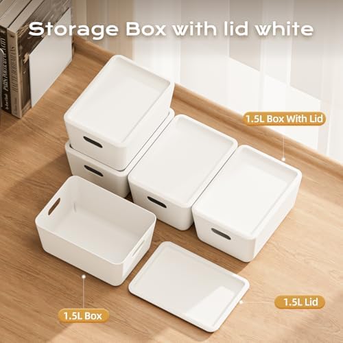 12 Pack White Storage Bins with Lids, PET Plastic Pantry Organizers and Storage, Small Storage Bins for Kitchen, Fridge, Bathroom, Office