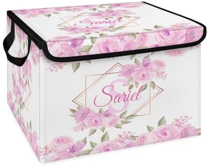 Pink Floral Storage Bin with Lid Personalized Storage Baskets for Organizing Foldable Closet Organizers with Handles,Cute Basket for Boys Girls for Clothes Blanket Pet Dog Toy Basket Storage (1 Pack)