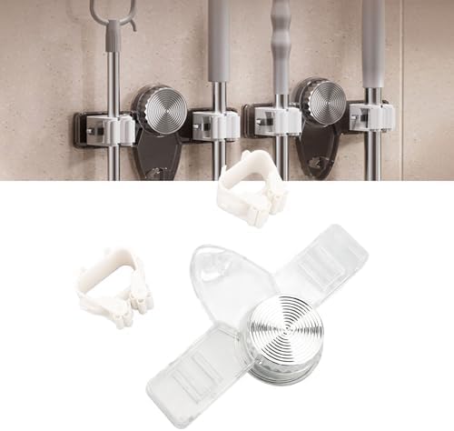 Broom and Mop Gripper, PET Material Powerful Suction Cup Easy Repositioning Effortless Installation Saving Space Organizing Tools with Two Hangers (Clear White)