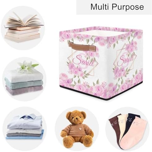 Personalized Storage Baskets for Organizing, Foldable Storage Bins with Handles Custom Cute Basket for Boys, Girls, Pet, Clothes, Blanket, Bedroom Nursery Toy Storage Gift,13 x13 x13 Inch, Flower Pink