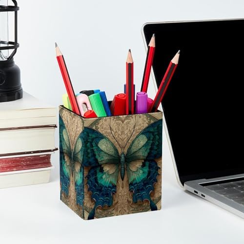 Art Butterfly Pen Holder for Desk Decor, Rectangular PVC Leather Pencil Cup for Desk Pen Organizer, Makeup Brush Holder for School, Home, Office