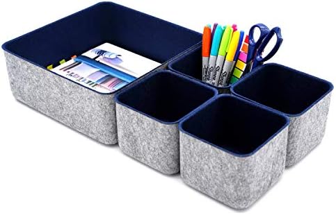 Welaxy Desk Drawer Organizers Storage bins Set Home Office Pen holder pencil phone stand Remote controler Closet Cabinet boxes Organizing 5-piece gifts ideas (Navy)