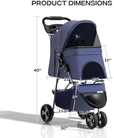 Foldable 3-Wheel Pet Stroller for Small Dogs & Cats, Navy Blue | Storage Basket & Cup Holder, Breathable Mesh Cover, Lightweight and Durable, for Small to Medium Pets, up to 33 lbs
