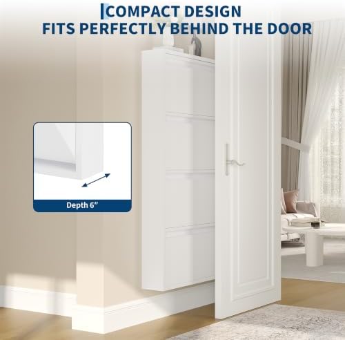 Garvee Slim Metal Shoe Cabinet with 4 Flip Drawers for Entryway, White | Narrow Shoe Storage, Wall Mounted or Floor Standing, Detachable Bottom Corners for Flexible Placement, Anti-Tip Wall Mount