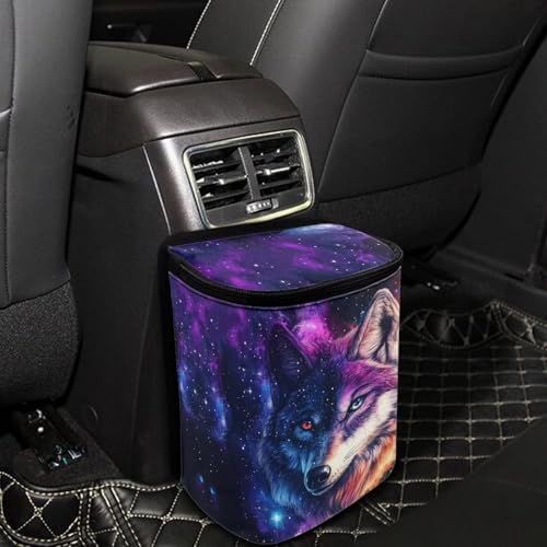 DISNIMO Galaxy Star Wolf Car Trash Can with Lid, Leak Proof Trash Bin Garbage Bag Collapsible Automatic Portable Trash Can, Easy to Clean, Used in Car Home Office