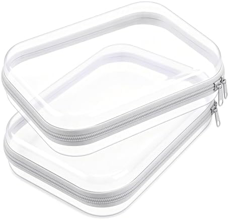 2 Pack White Clear Hard Shell Zipper Case, 8.86" x 6.38", Cosmetic Bag
