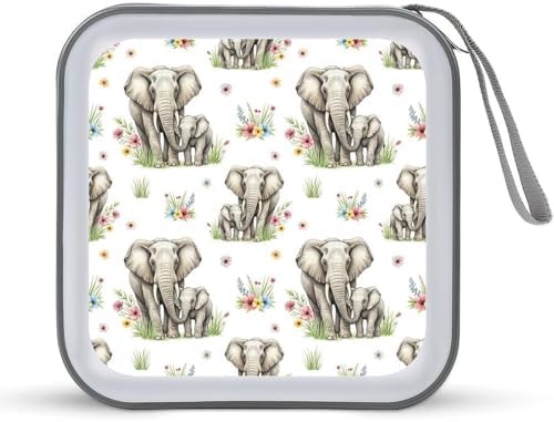 Portable CD Holder Case with Strap Elephants, 40-Capacity Hard Plastic Storage Binder, Protective Wallet for Car Office Travel