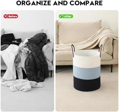 Laundry Basket Hamper Tall Rope Storage Woven for Blanket toys Dirty Clothes in Living Room Bathroom Bedroom (Gradient Blue, 60L/15.8Gal)