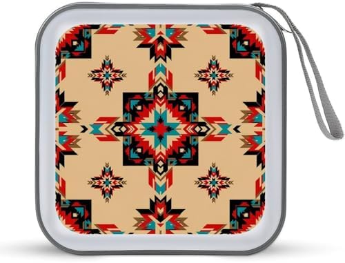 40-Disc Hard Shell Storage Wallet Native American Western Decor Boho Aztec, DVD CD Binder with Carry Strap, Portable Protective Organizer for Travel Office