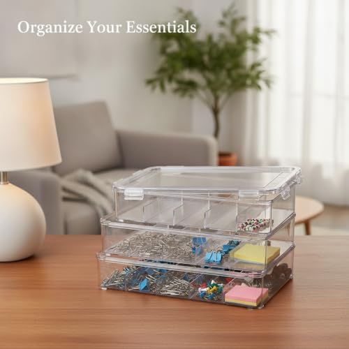 Clear Stackable Storage Box with Dividers, Flip-Top Organizer for Desk, Drawer, and Shelf - Transparent PET Plastic Bin (1 Pack)