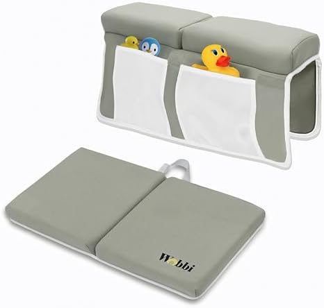 Wobbi Baby Bath Kneeler and Elbow Rest Pad Set | Extra Thick Memory Foam Support for Comfortable Bath Time | Non-Slip Suction Base | 4 Storage Pockets & Quick-Dry Design for Parents | Green