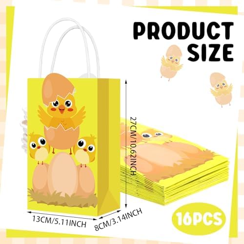Trnayi 16 Pcs Gold Glitter Chicken Party Favor Bags Kraft Farm Animal Themed Goodie Bags with Handles Double-sided Printing Treat Bag for Birthday Easter Farm Animal Party Decorations