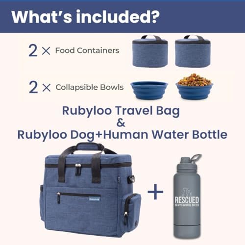 Rubyloo Original Doggy Bag (Navy) & 32oz Insulated Water Bottle with Attached 8oz Bowl (Rescued is My Favorite Breed) – Dog Travel Bag & Hydration Set