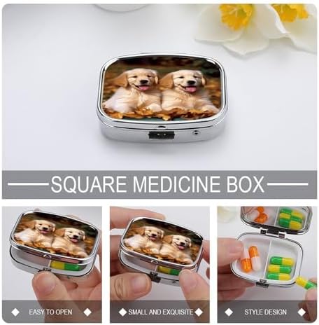 Golden Retriever Dogs Puppies Pets Pill Case Daily Square Small Medicine Case Vitamin Organizer Box 2 Compartments Portable Metal Travel Medicine Box for Vitamins Fish Oils Supplements