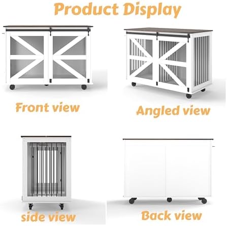 47.2 Inch Mobile Dog Crate with Flip-Top Feeding Door Dual-Access Entry 5 Caster Wheels 2 Locking Side Hooks Removable Divider Multi-Functional Pet Kennel Furniture for Large Dog or Two Small Dogs