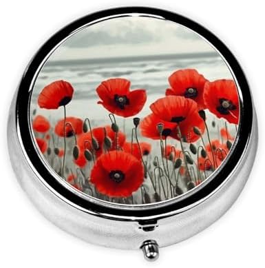 Pill Box 3 Compartment Medicine Pill Case for Pocket or Purse Mini Metal Pillcase Red Poppy Flower Pill Holder Vitamin Organizer Portable Travel Pills Container to Hold Supplements Vitamins
