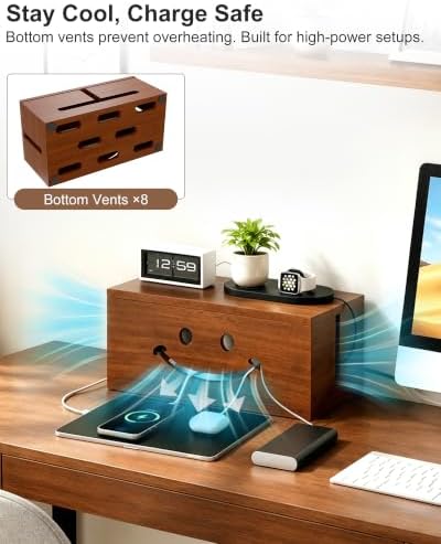 Solid Wood Cable Management Box, Cute Smile Cord Hider Box for Desk