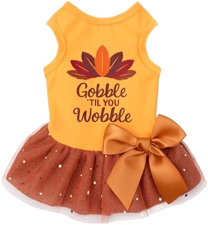 Fitwarm Gobble 'til You Wobble Dog Dress, Funny Thanksgiving Outfit for Small Dogs Girl, Festive Pet Clothes, Yellow, Orange, XXS
