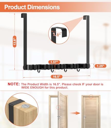 Broom Holder Over The Door with 4 Over Door Hook, Drilling Free Mop - Black | Save Space, Metal Mop and Broom Storage Wall Mount Broom Storage Tool Organizer for Laundry Room Garage Kitchen Bathroom
