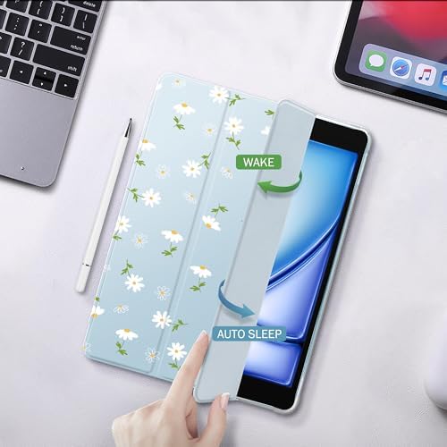 Cute White Floral Case for 13" iPad Air(2024), Clear TPU Smart Stand Back Cover with Pencil Holder, Auto Wake/Sleep Foldable Shockproof Protective Case