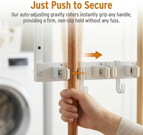 Upgraded Broom Holder Wall Mount with Shelf, Mop and Broom Organizer Wall Hanging, Cleaning Supplies Organizer (small)