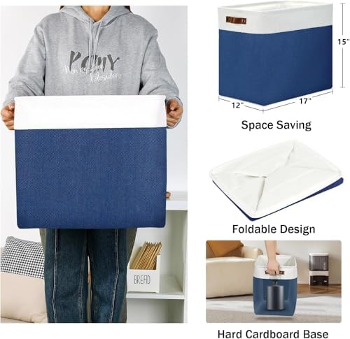DULLEMELO Large Storage Basket 17"x12"x15",Fabric Organizer Bin for Storage Clothes, Toys, Books,Storage Bin with Handles for Bedroom, Closet, Nursery (White&Blue,1 Pack)