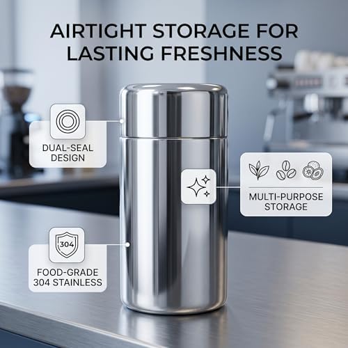 AUNMAS Airtight Tea Coffee Storage Container, 304 Stainless Steel Canister with Double Sealed Lid, 550ml Kitchen Counter Jar for Freshness