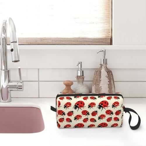 Vintage Ladybug Makeup Bag for Women with Wrist Strap | Durable 600D Oxford Fabric, Impact-Resistant & Compact, Travel Cosmetic & Makeup Organizer for Gym & Daily Use