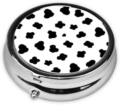 Compact Pill Container, Round Mini Box with Mirror, Travel Organizer for Supplements, Pocket Purse Holder for Daily Routine, Black and White Animal Cow Print