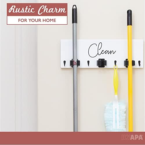 Ilyapa Wall Mount Broom Holder, White Wooden Mop Storage | 3 Pole Holders with 4 Hooks, Kitchen or Laundry Room Organizer