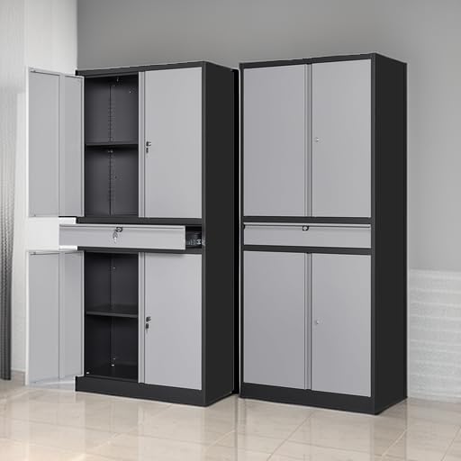 Metal Garage Storage Cabinet with Drawer,4 Door Tool Cabinet with Lock-2 Adjustable Shelves for Garage Home Office Utility Room (Black & Gray)