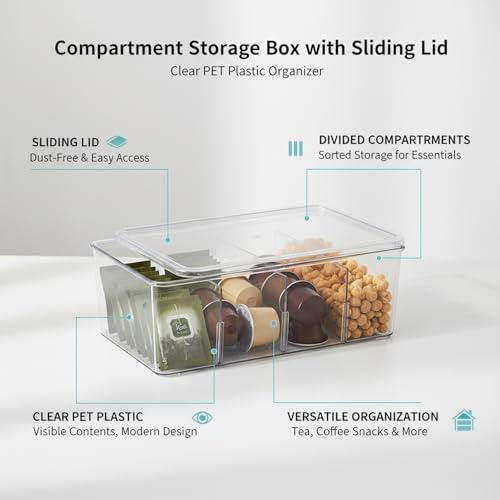 Clear PET Storage Box with Sliding Lid & Dividers, 4-Compartment Organizer for Small Items, Home Office Desk Drawer (1 Pack)
