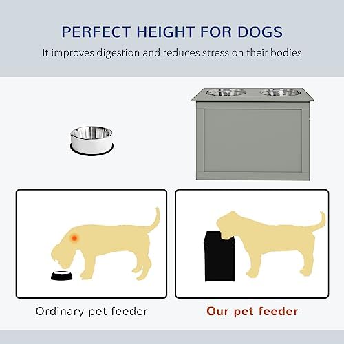 Elevated Dog Feeder with Storage 2 Stainless Steel Bowls Stand for Large Dogs Raised Feeding Station for Joint & Spine Health MDF Frame in Neutral Gray Pet Food Organizer