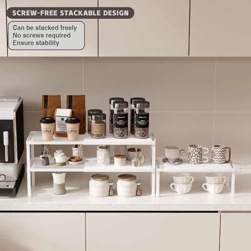 Magheo Expandable Cabinet Shelf Organizer, 2 Pack Stackable Kitchen Counter Shelf Riser, Metal Spice Rack Heavy Duty Countertop Organizer Storage for Kitchen, Pantry, Cupboard, Rv (5.9in Height,White)